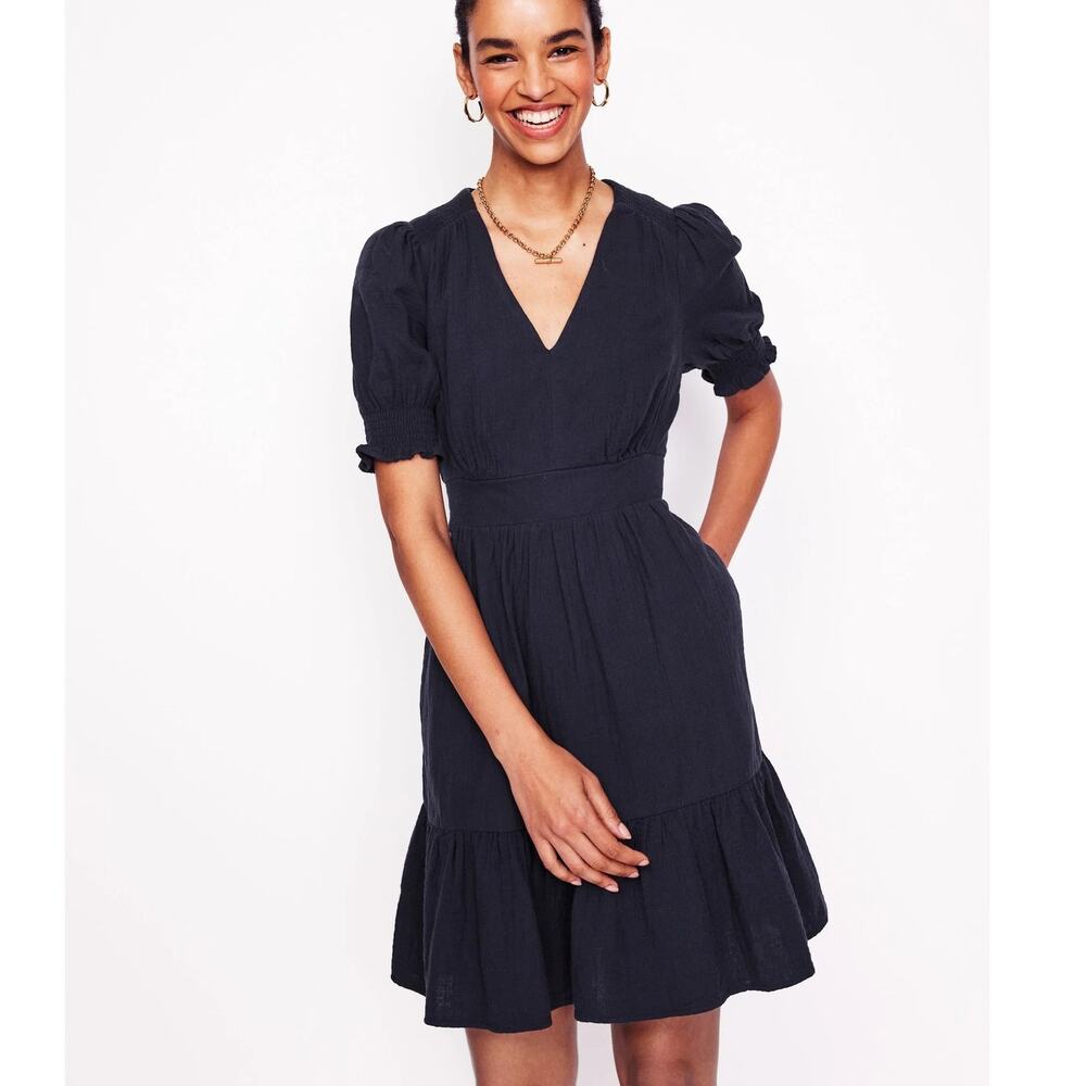 Boden Black Anna Double Cloth Short Dress, Cotton Gauze, Classic Preppy Airy, 6